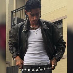 Lox and Chain Black Western Studded Leather Bomber Jacket